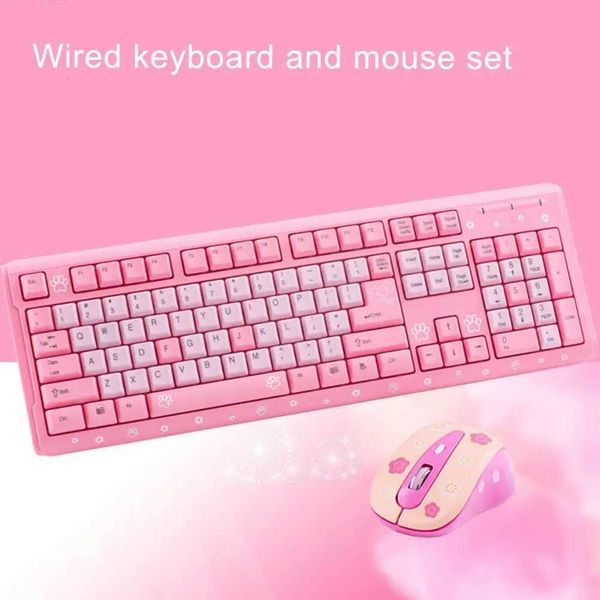 1 Set Wired Keyboard Mouse Combos for Desketop Laptop NotebookCute Cartoon Cat Pattern Pink Girl Keyboard and Mouse Set X250203