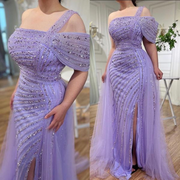 Fabulous lavender beading Evening Dresses with overskirts off shoulder gala dresses for women split dresses for special occasions