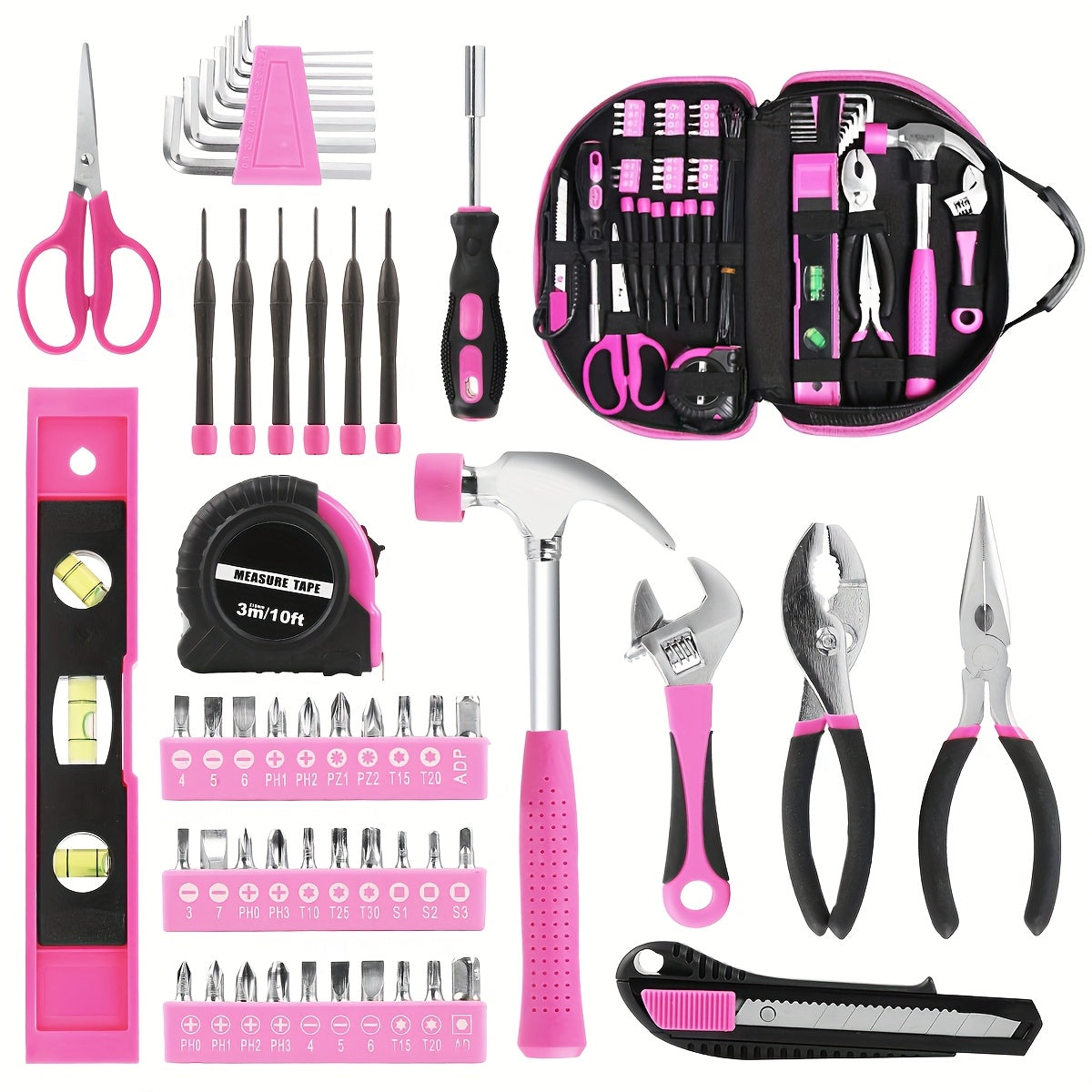 TEMU 79pcs Pink Tool Kit, Ladies Hand Tool Set With Easy Carrying Round Pouch Household Tool Kit Perfect For, And Dorm Repair, Tool Kit Bag, Extra