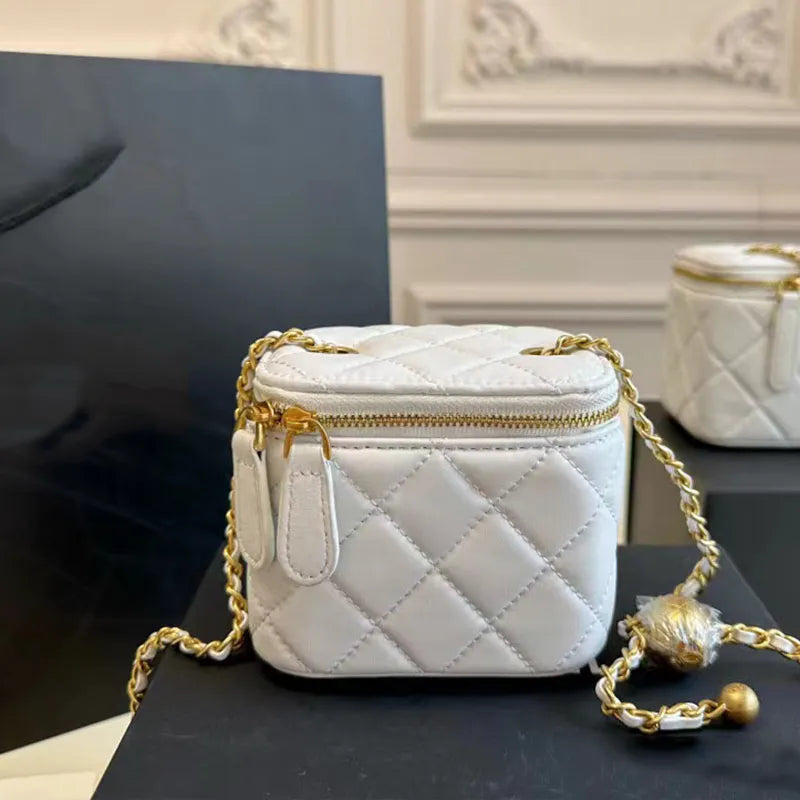 Women Crossbody Bags Shoulder Handbags Designer Mini Portable Box Cosmetic Lipstick Bag Burgundy Fashion Small Purses Golden Ball Chain 11cm