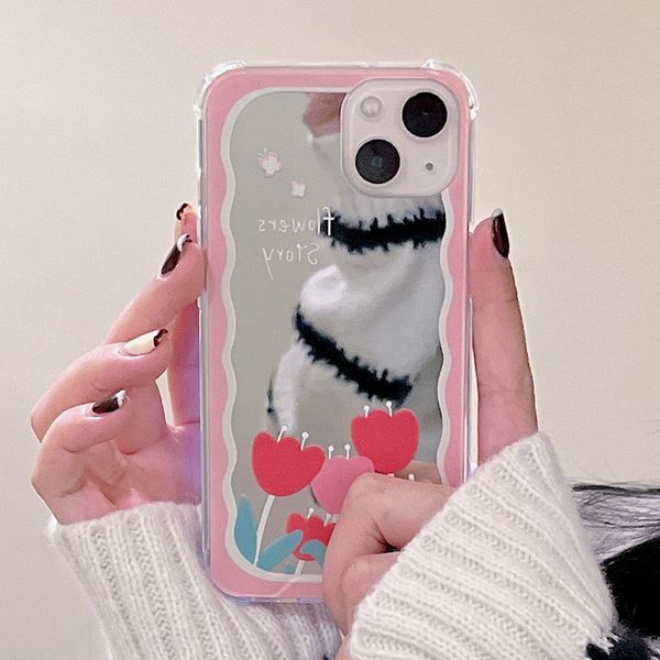 Girl&#039;s Make Up Mirror Phone Cases for iPhone Xs Max Xr X 7 8 14 Plus Bling Luxury Flower Soft Cover