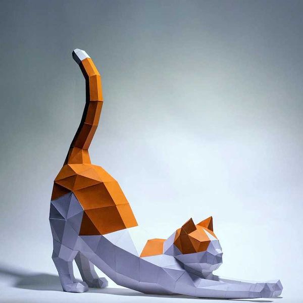 Architecture-DIY House 62cm Stretched Cat Paper Model Home Decor Desk Decoration Staircase Ornaments 3D Papercraft Puzzles Educational DIY T