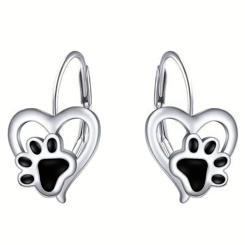 TEMU Women's Cute Cat Paw & Kitten Footprint Hoop Earrings - White K Plated Minimalist Cat-themed Jewelry, Casual Attire, Birthday Gift For Cat