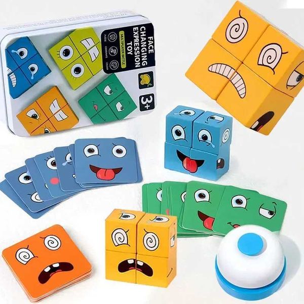 Cube Face Change Building Blocks Board Game Wood Puzzle Montessori Expression Wooden Blocks Blocos for Children Kids Toys Gift C250211