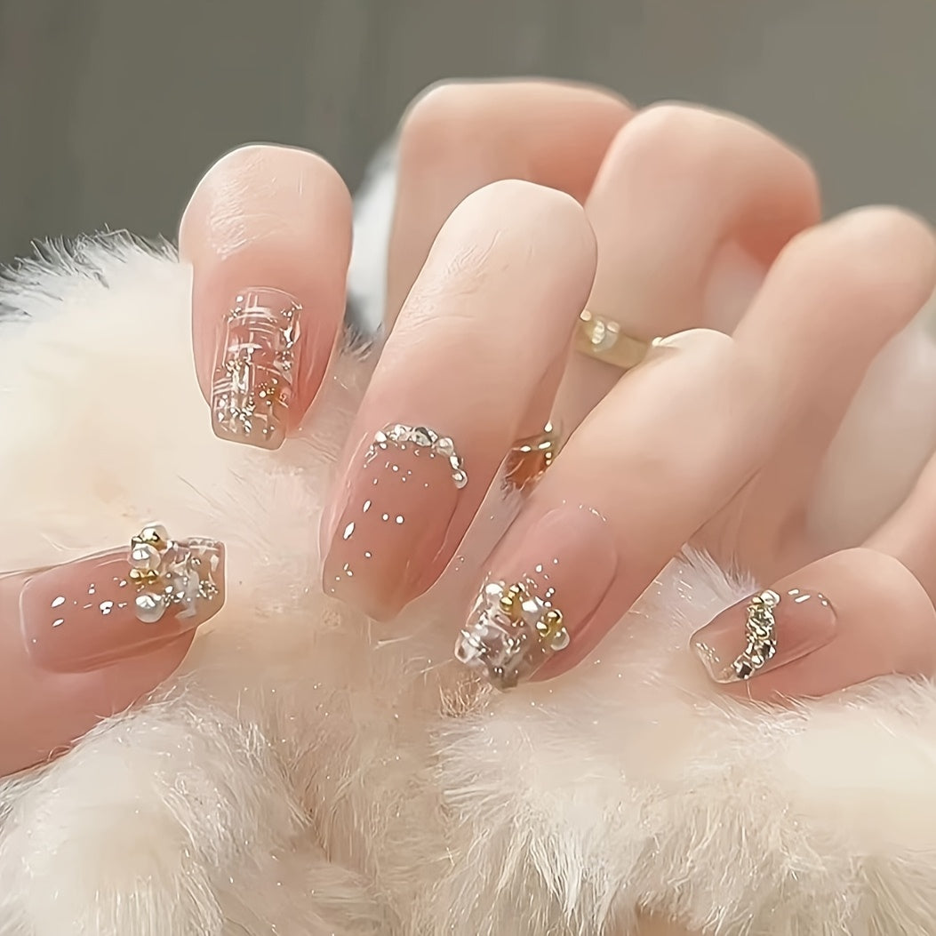 TEMU 24pcs Luxe Nail Art Set, Medium Length Oval Acrylic Full Cover Nails With Accents, Pink & Nude Glossy Finish, Adhesive Press-on Nails For Women