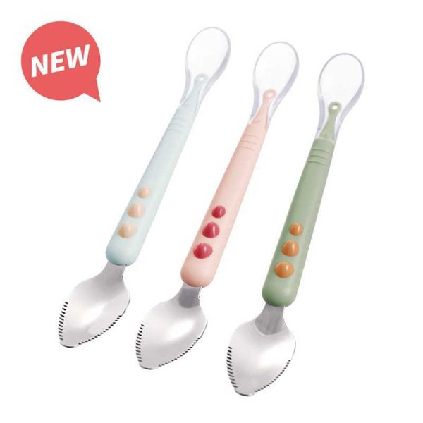 Cups Dishes Utensils Cartoon Baby Double-headed Silicone Food Supplement Spoon Children&#039;s Stainless Steel Fruit Scraping Mud Spoon Feed
