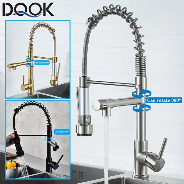 Kitchen Faucets DQOK Black Brushed Spring Pull Down Sink Faucet Cold Water Mixer Crane Tap with Dual Spout Deck Mounted 230510