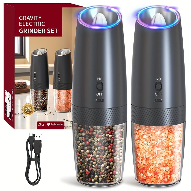 TEMU 1-2pcs Gravity Salt And Pepper Mill Set - Usb Rechargeable, Stainless Steel Automatic Spice Grinder With Adjustable Coarseness, Led Light,