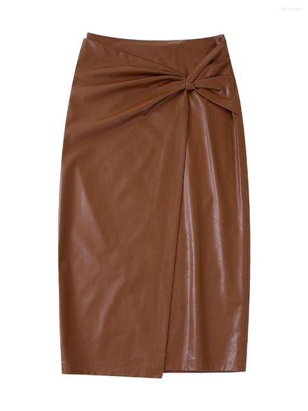 Skirts Women Fashion Knotted Front Slit Faux Leather PU Midi Skirt Vintage High Waist Back Zipper Female Mujer