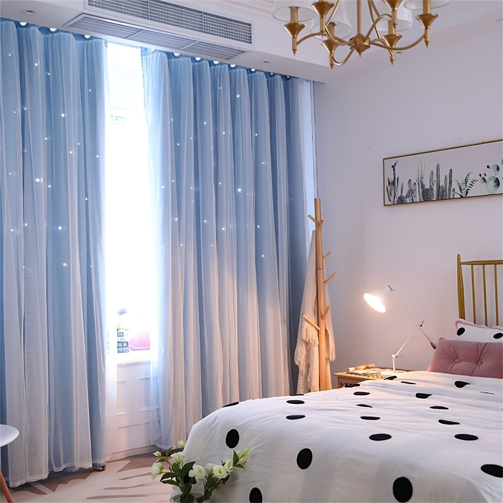 TEMU 2pcs High Shading Hollow Star Double Curtain, Solid Color High Shading Insulation Window Curtain Star Curtain, Decorative Double Lace Shade