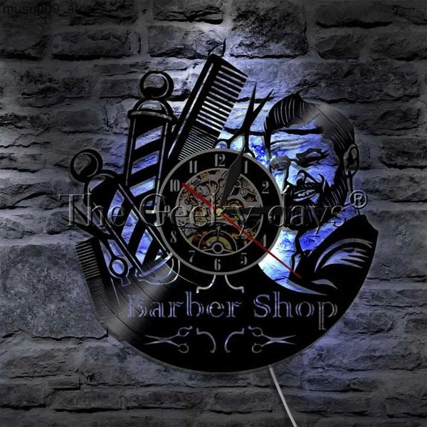 Other Home Decor Barber Shop Sign Wall Watch LED Hanging Lamp Vinyl Record Wall Clock Hairdresser Salon Hair Tools Decorative Lighting L2409