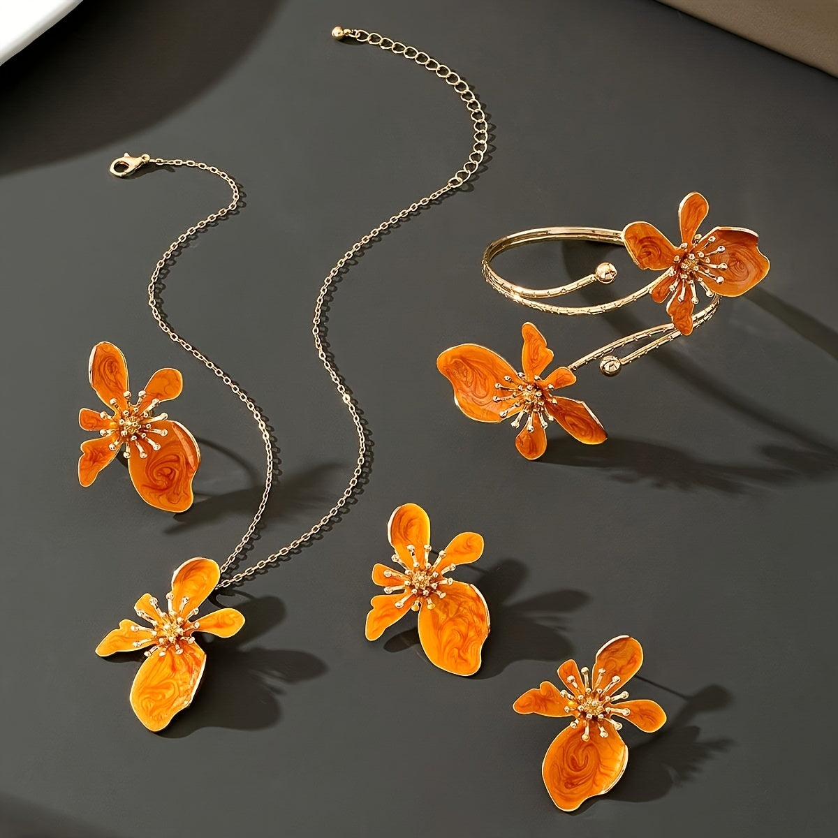 TEMU Four-piece Set Of Women's Jewelry: A New Summer Country-style Orange Drip Irregular Flower Pendant Necklace, A Pair Of Earrings, A Ring And A