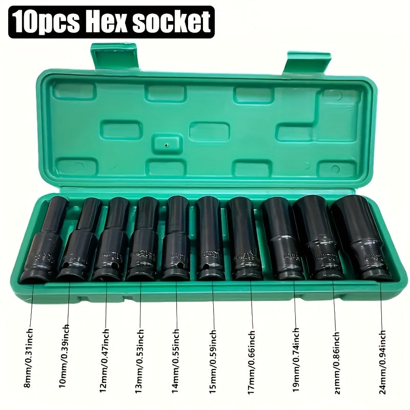 TEMU 10pcs Carbon -2in Impact Wrench Adapter Hand Tool Socket Set For Auto Repair 8-24mm Electric Sleeve Tool, Mechanic Tools, Vehicle Maintenance,