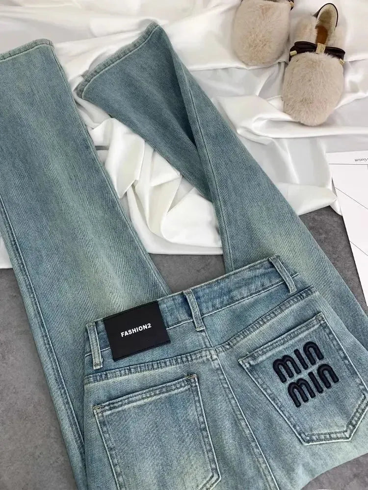 Blue Women Jeans Streetwear Vintage Fashion High Waisted Wide Leg Jean Female Trouser Letter Hip Hop Baggy Denim Pants