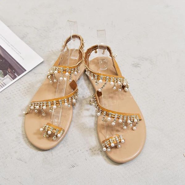Slippers Summer Cross-border Explosion Style Rome Pearl Sandals Female Europe And The United States Hand Beaded Flat