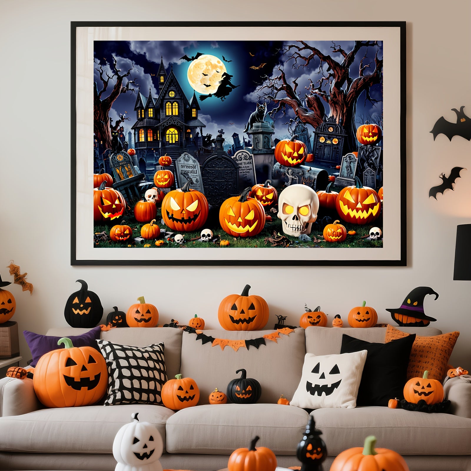 TEMU 1000pcs Halloween Jigsaw Puzzle - Spooky Haunted House, Pumpkins, Bats, , Black Cats, Graves - For Adults & Teens - Large Halloween Party