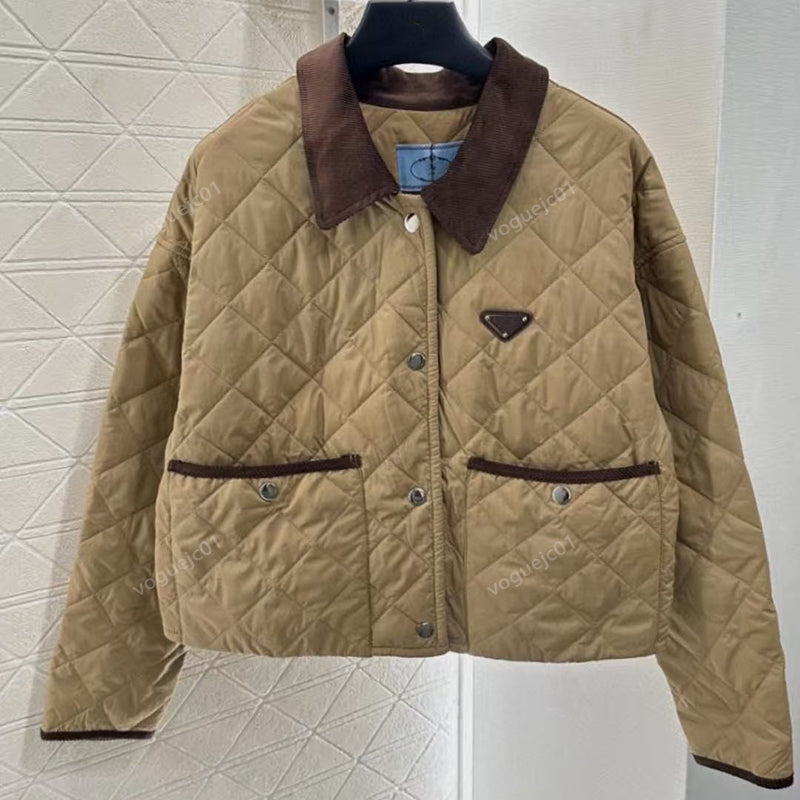 25 autumn and winter luxury brand new designer triangle metal logo stitching corduroy collar plaid short women&#039;s cotton coat jacket