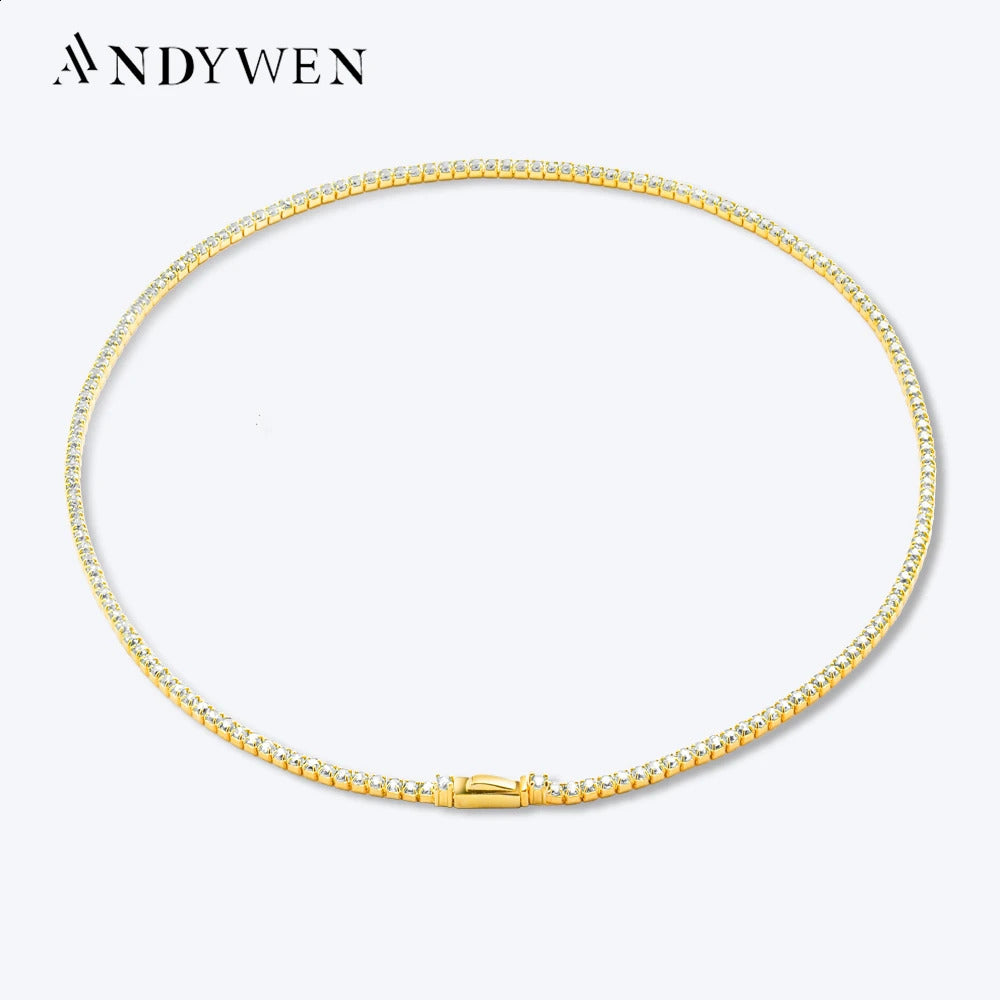 ANDYWEN 925 Sterling Silver Gold 2mm Tennis Chain Choker Necklace Long Chain 37.5cm Women Party Wedding Fine Jewelry 240812