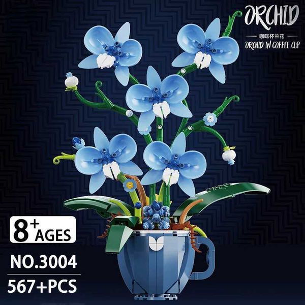 Coffee Cup Orchid Potted Building Blocks Bouquet Home Desktop Decoration Flower Puzzle Toy for Childrens Creative Holiday Gift C250118