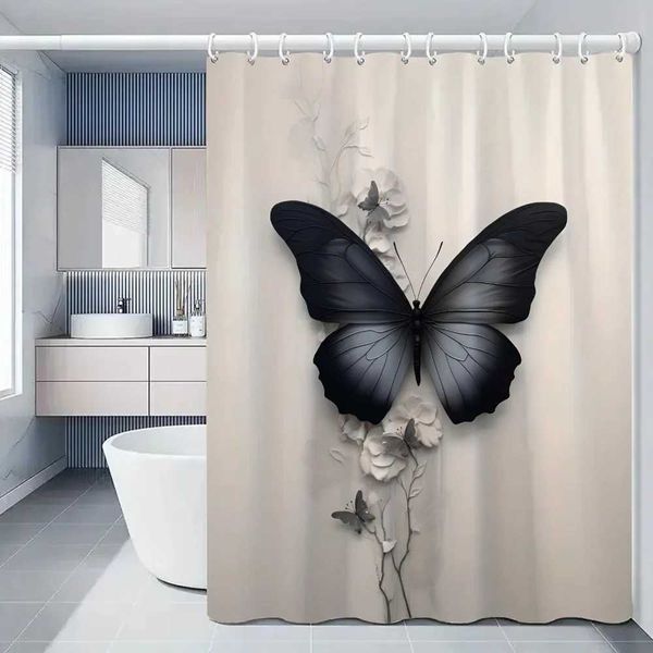 Butterfly illustration bathroom accessory shower curtain used for showering opaque curtains waterproof items complete shower set W240808