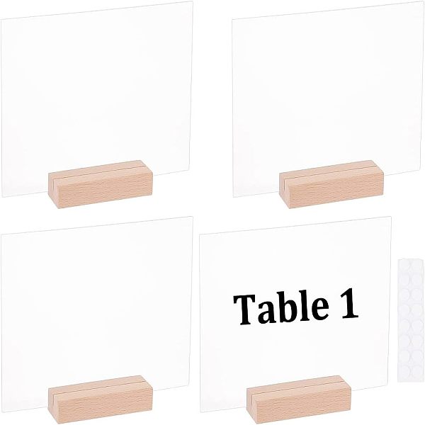 4Pcs Blank Acrylic Plates & 4Pcs Rectangle Beechwood Name Card Holder