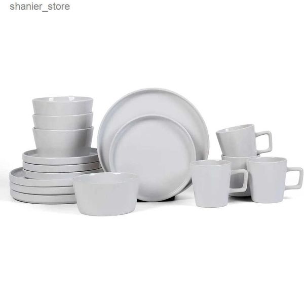 Dishes Plates Unbreakable modern Stoneware 16 piece cutlery set plate and bowl set suitable for 4 units microwave and dishwasher safe white