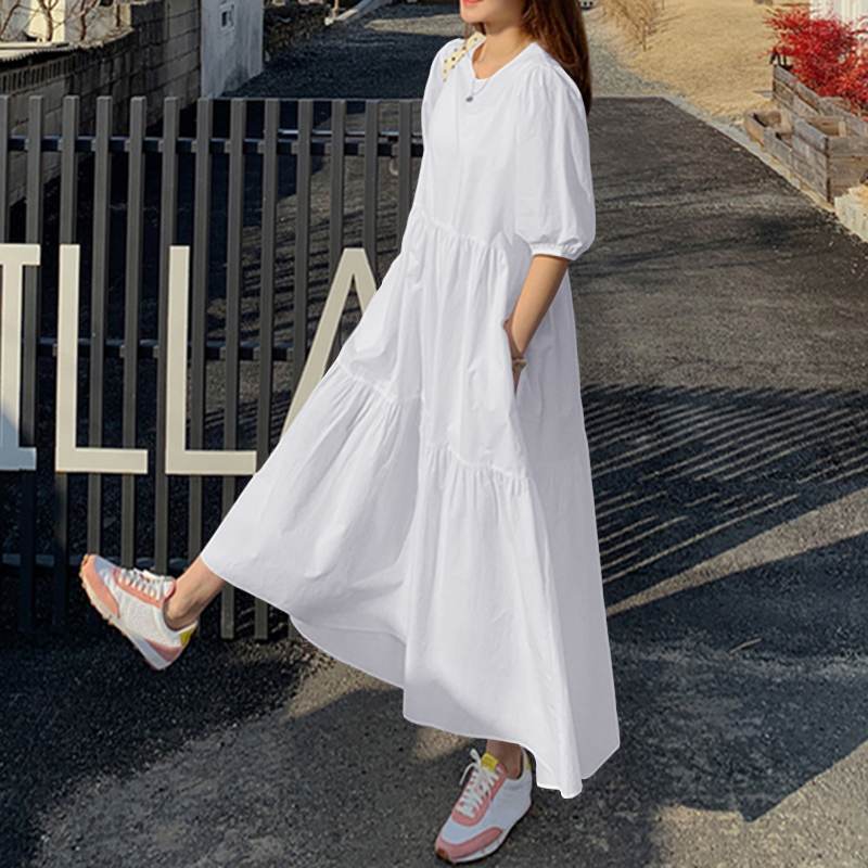 (267) New Fashionable Loose Solid Color Puff Sleeve Swing Long Dress