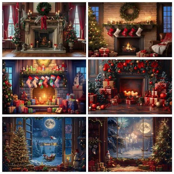 Tapestries Christmas Photography Backdrop for Family Xmas New Year Party Decorations Red Curtain Christmas Tree Fireplace Photo Backgrounds