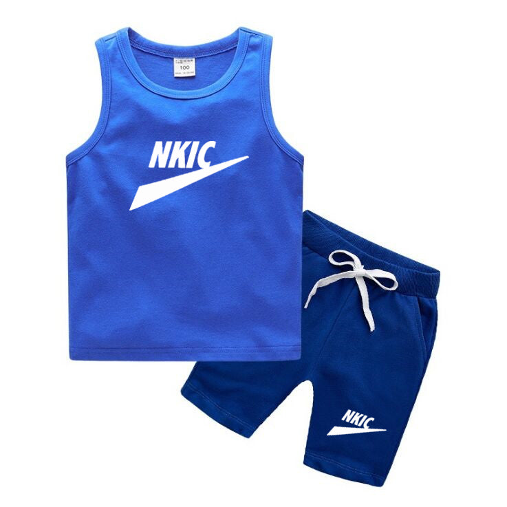 2pcs Kids Baby Boy Summer Clothing Sets Sleeveless Tank Tops Brand LOGO Print Drawstring Shorts Sportwear Clothes Sets