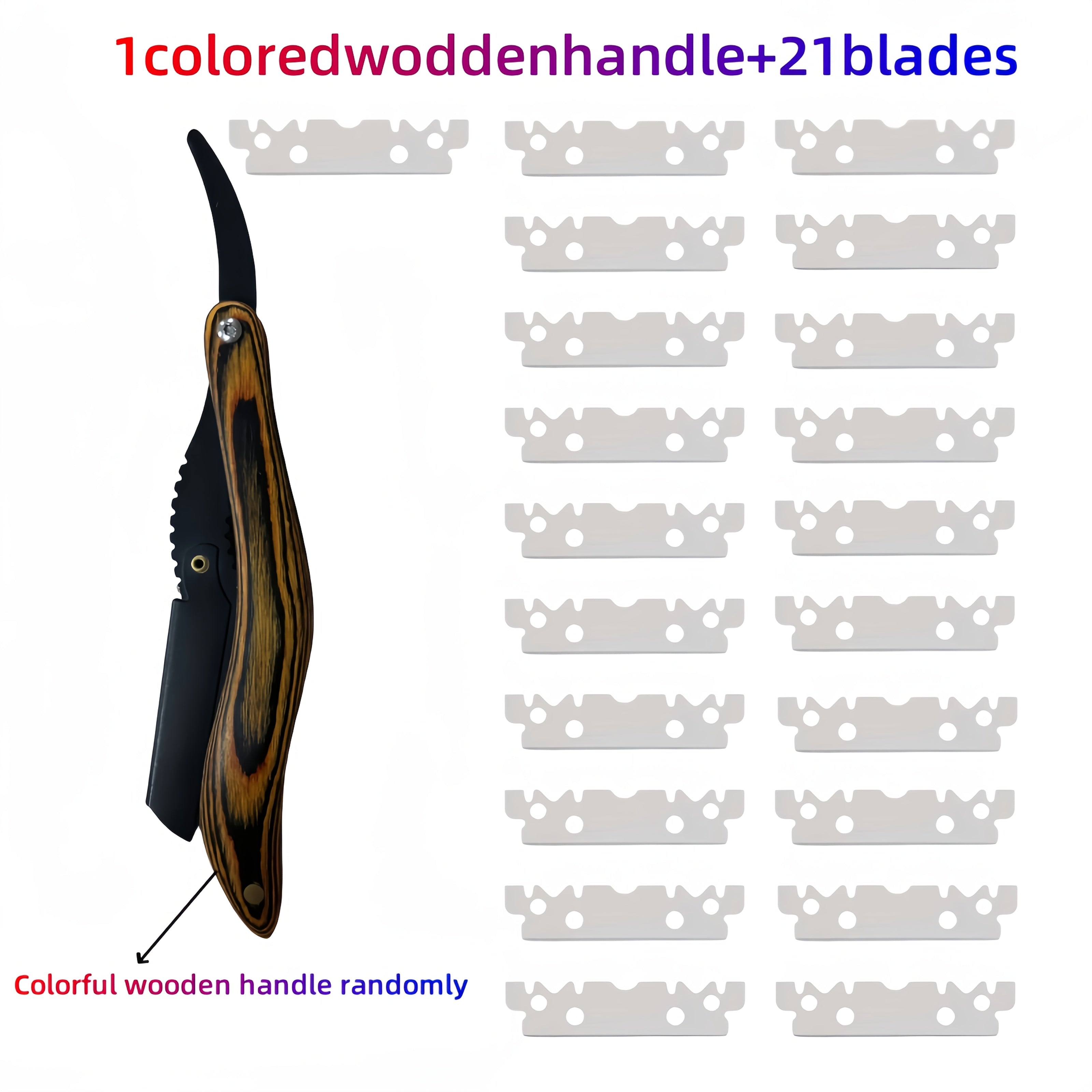 TEMU Men's Manual Razor Set With 1 Colorful Wooden Handle + 21 Stainless Steel Blades, Safety Shaving Razor, Triple-layer Foldable Stainless Steel