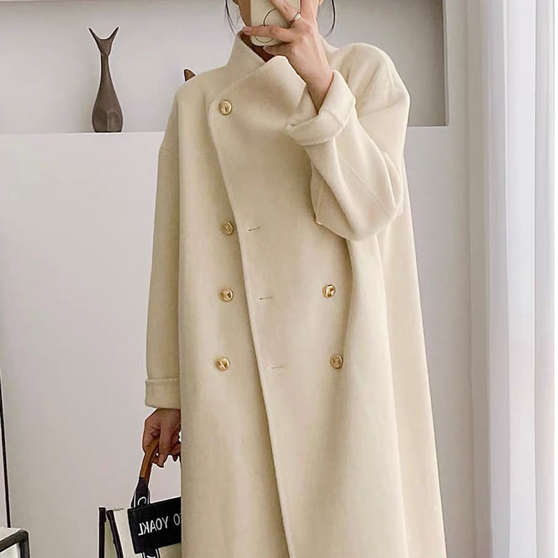 Women&#039;s Double-Sided Wool Coat with Thick Stand-Up Collar - Grey Cashmere High-Quality Outerwear