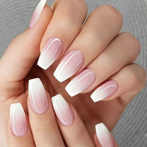24 Pcs Glossy Short Ballerina Press On Nails Pink Gradient Fake Nails Artificial Finger Manicure False Nails For WomenXJ241128
