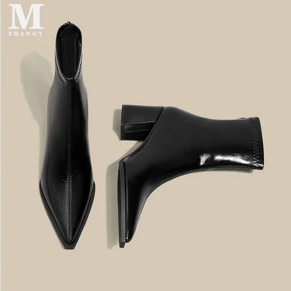 Women Pointed Toe Boots Ankle Chunky High Heels Leather Plus Size Shoes Pumps Winter Woman Trend Elegant Botas De Mujer 250108