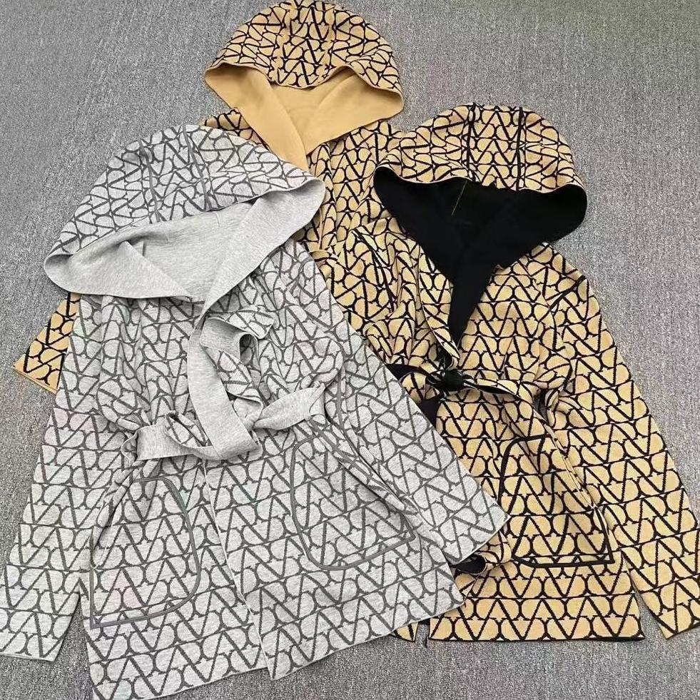 designer womens wool overcoat luxury Full printed womens outerwear waistband woolen hooded coat lady long big collar sleeved woolen coat