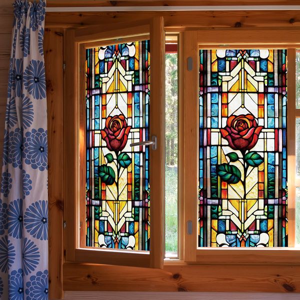 Retro frosted flowers green plants painted glass window style DIY home decoration