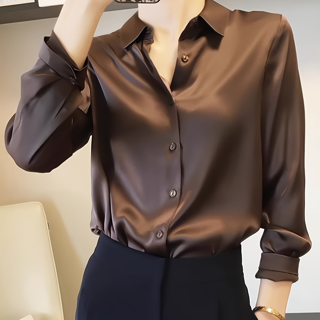 TEMU 2025 New Arrival Coffee-colored Top, Lightly Mature Satin Shirt For Women, Designer-inspired High-end Blouse, Suitable For Petite Figures