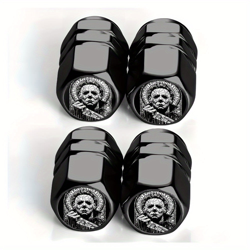 TEMU 4pcs Black Black And White Horror Movie Character Portraits Tire Valve Caps - For Cars, Trucks, Suvs And Motorcycles, Durable Aluminum Alloy,