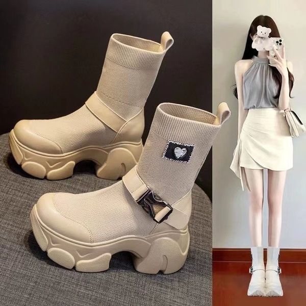 Trend Platform Shoes Mid Heels Weave Ankle Winter Fashion Dress Knitting Goth Designer Women Boots c8e8