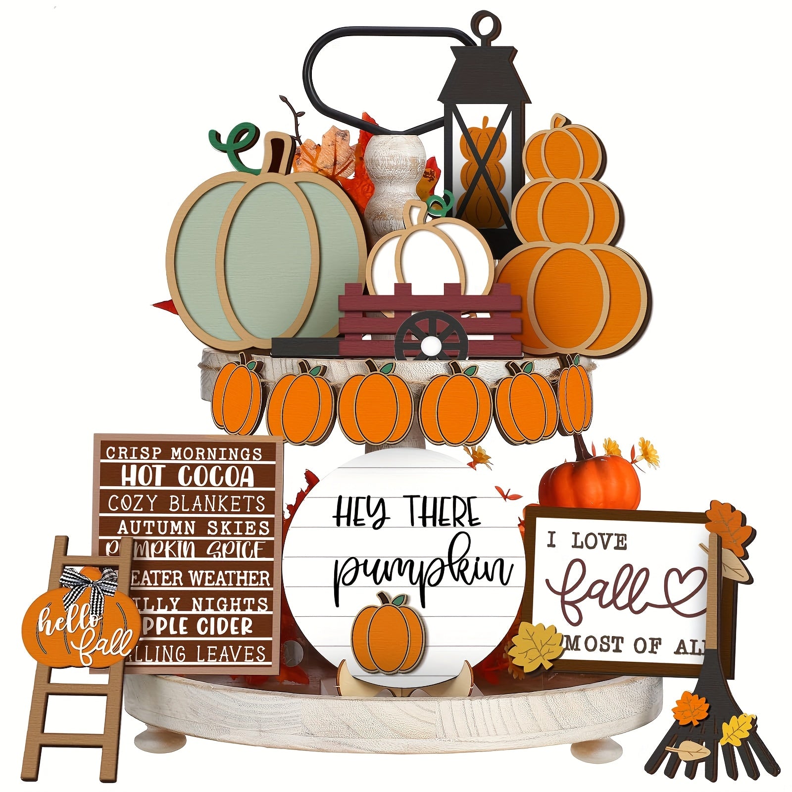 TEMU 16pcs Thanksgiving Fall Tiered Tray Decorating Set - Fall Pumpkin Leaf Rustic Farmhouse Decorative Tray - Home Kitchen Wooden Tabletop Sign