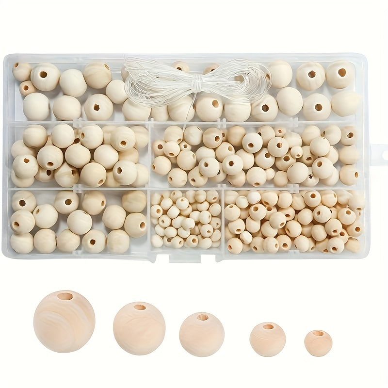 TEMU 220pcs Natural Wood Beads For Jewelry Making - Assorted Sizes, Loose Wood Grain Beads With Stands For Bracelets, Necklaces, And Storage Boxes,