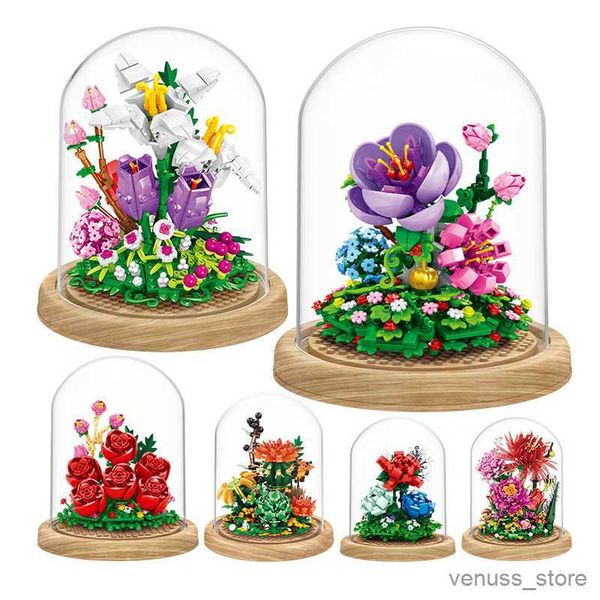 Blocks Building Blocks Flower Creative Toys Home Roses Potted Dust Cover Ornaments Children&#039;s Educational Assembly Toys Gifts R230629