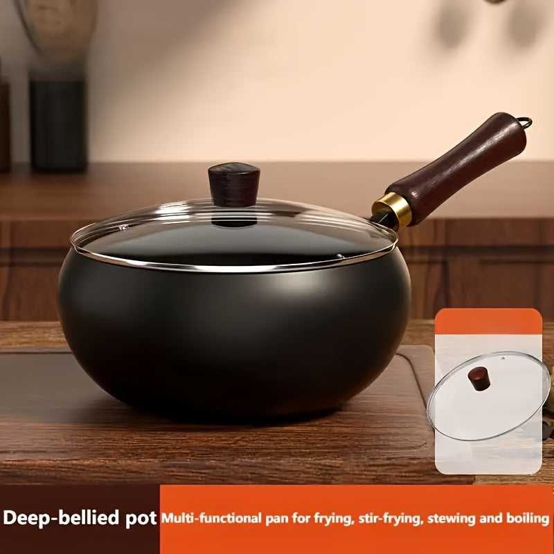 TEMU 1pc Suntuup Japanese Cast Iron Frying Pan - 9, 45 Inch Round Bottom Wok With Wooden Lid, Induction & Gas Stove Compatible, Durable Cookware For