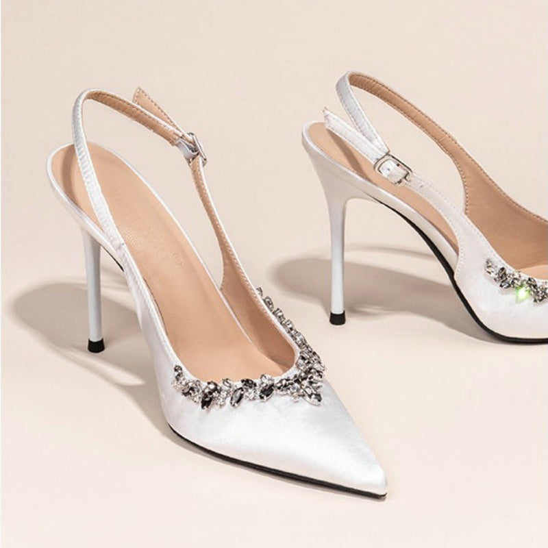 2024 Spring New Baotou Sandals Women&#039;S Wedding High Heels Fine Heel Pointy Rhinester French Temperament Single Shoe Black