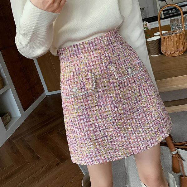 Autumn Plaid Tweed Skirts for Women High Waist Slimming Wool Mini Jupe Chic Buttons Elegant Office Ladies Mujer Faldas K578 240822