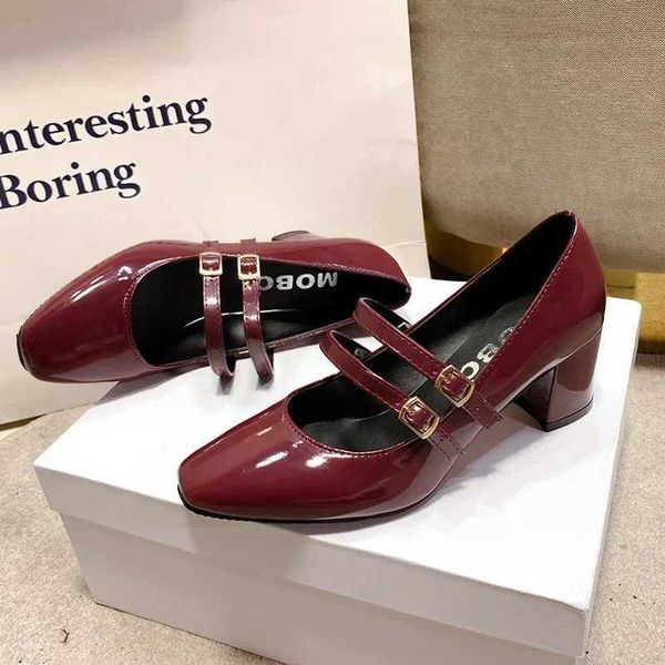 2024 Spring-Autumn Womens Double Button Mary Jens Shoes Patent Leather Dress Square Head Square Heel Solid Color Womens Shoes X241014