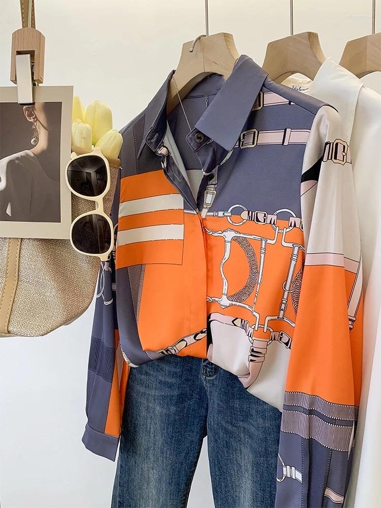 Women&#039;s Blouses Design Imitation Silk Orange Grey 2024 Summer Long Sleeves Shirt For Women Elegant Fashion Lady Top Clothes