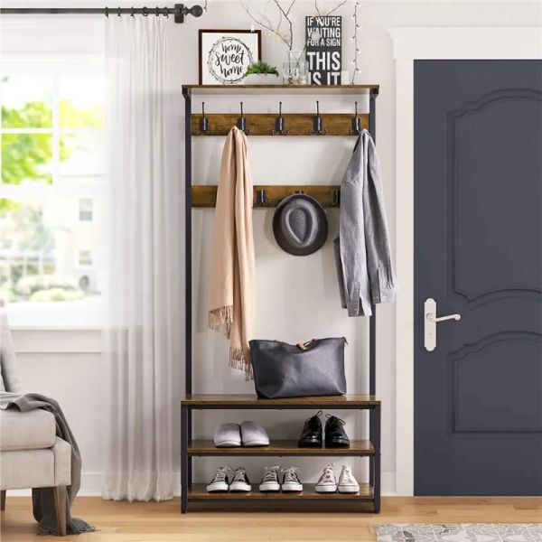 SmileMart 72.5&quot; Industrial Entryway Hall Tree with Bench and Shoe Storage, Rustic Brown clothing rack