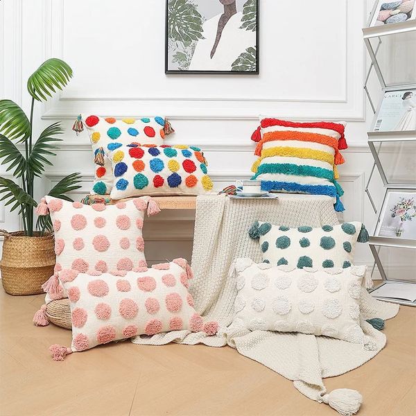 Colorful polka dot plush soft cushion cover Bohemian Tassel decorative pillow sofa Chenier throw pillow box home decoration 240821