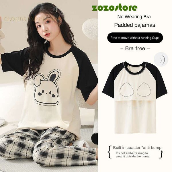 Summer New 5Xl Pajama Sets Bust-Padded Cartoon Bear Knitted Pjs Plaid Sleepwear Elegant Women&#039;s Pajamas Lounge Home Pijama Mujer 46