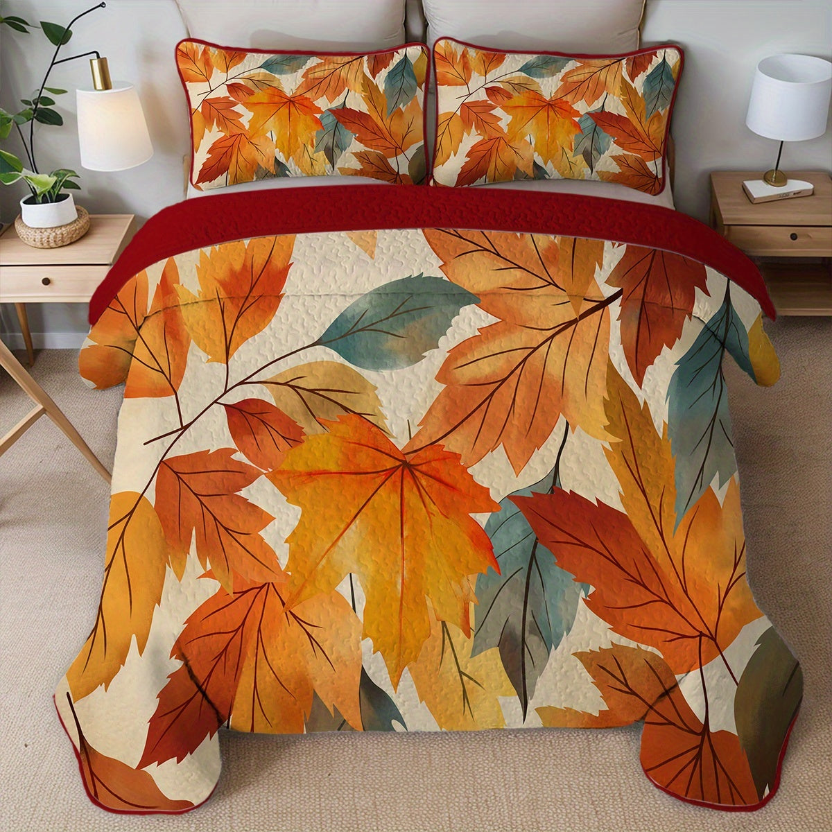 TEMU Vibrant Watercolor Maple Leaf Prints Quilt Set ( 1 Quilt+ 1- 2 Pillowcases, Without Fillers) Luxurious All- Season Comforter Soft Lightweight